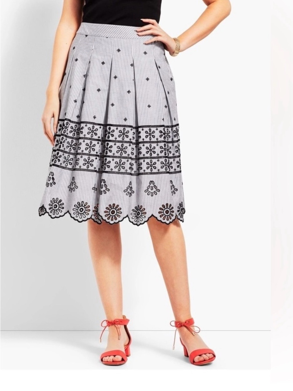 Talbots Black and White Embroidered Midi Skirt - 14WP